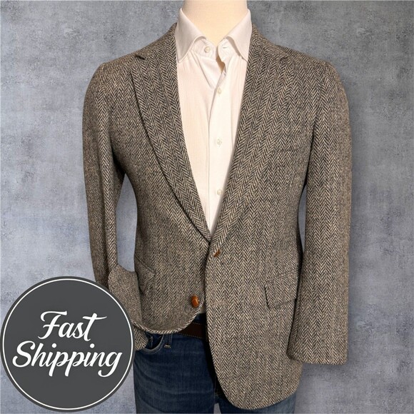 HARRIS TWEED Vintage Men's Blazer Sport Coat Two Button Jacket 38R Herringbone - Picture 1 of 13